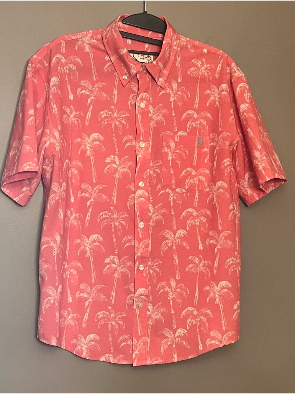 Huk Fishing Coral Palm-Print Short-Sleeve Button-Down Shirt